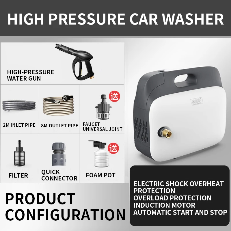 220V Portable Car Washer Machine High Pressure Water Pump With Water Gun Car Wash High Power Home Automatic Washing Machine