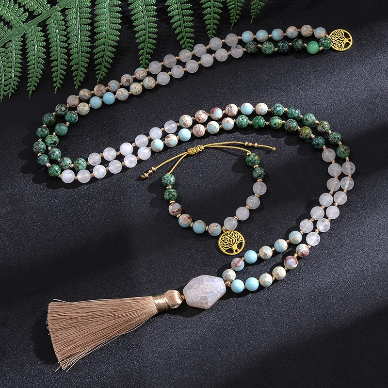 8mm White Jade African Turquoise Emperor Jasper Beads Knotted Japamala Necklace Meditation Yoga Jewelry Set 108 Mala Rosary