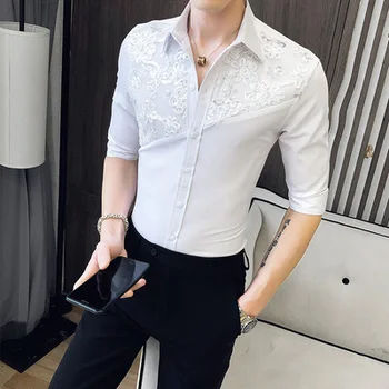 

Summer mid-sleeved inch shirt Korean flower shirt men's slim trend hairdresser handsome five-point sleeve hollow lace shirt