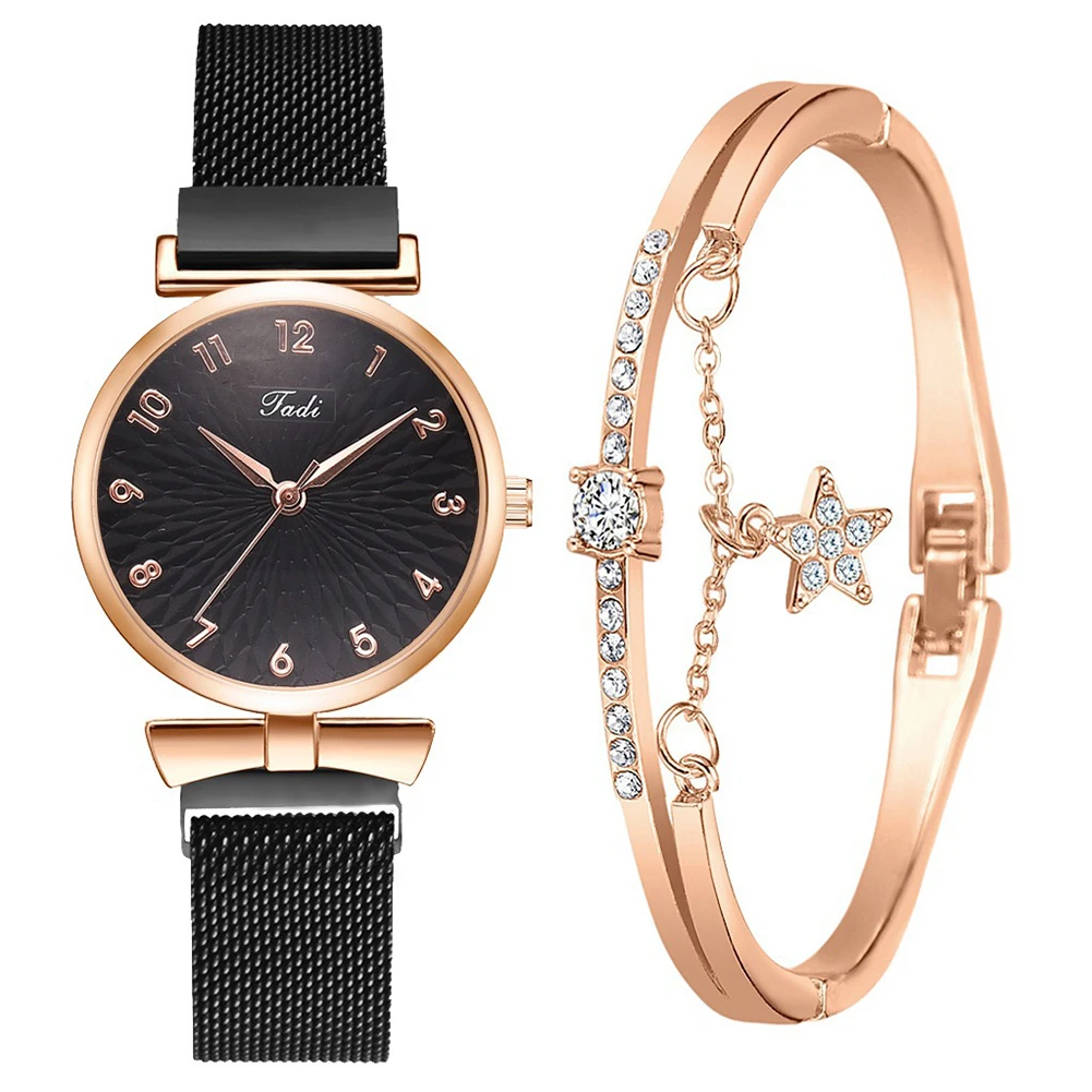 Fashion Women Watches Luxury Magnet Buckle Flower Rhinestone Watch Ladies Quartz Wrist Watch Bracelet Set Reloj