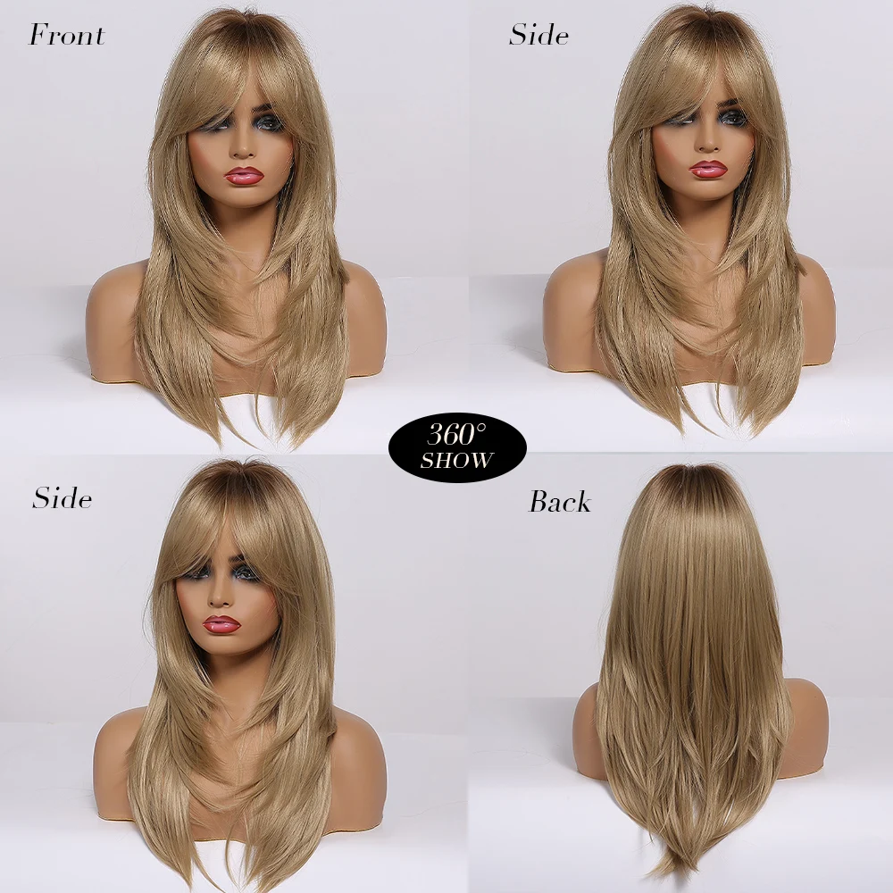 JONRENAU Long Natural Synthetic Straight Layered Hairstyle Wig Black Ombre Brown To Blonde Wigs for Black Women with Bangs Hair