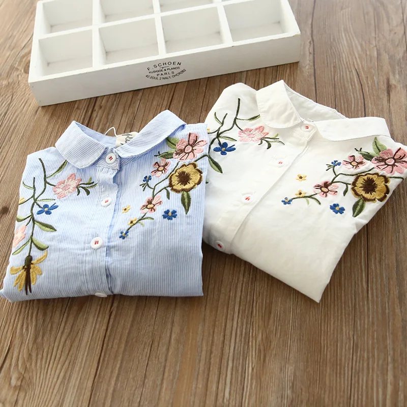 

2018 Spring Clothing New Style Girls Embroidery Embroidered Fold-down Collar Striped Shirt Children Long Sleeve White Shirt