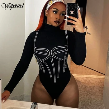 

Sexy Solid Turtleneck Bodysuit Femme Long Sleeve Tops Autumn Winter Elegant Slim Bodycon White Line Printing Bodysuit Womens