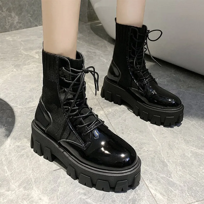 

2020 New Army Combat Ankle Boots Woman Shoes Casual Lace Up Gothic Black Sock Platform Leather Boots Women Fashion Botas Mujer