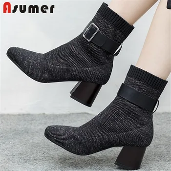 

ASUMER 2020 New arrival high quality thick high heels ankle boots women buckle fashion slid color ladies boots