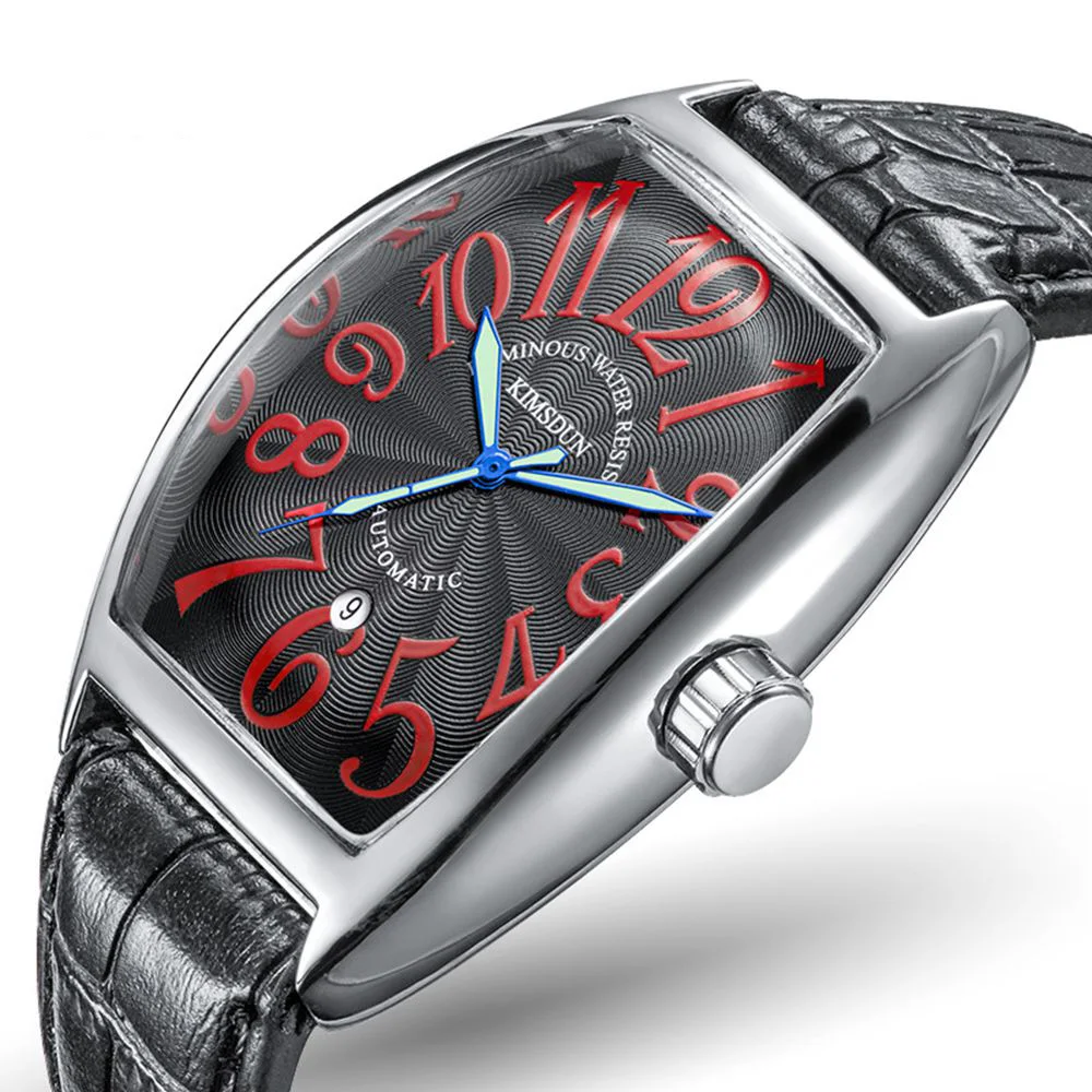 Tanie 2018 luksusowa marka biznes Tonneau mechaniczny zegarek mężczyźni wodoodporna skóra automatyczny self wiatr Wrist Watch mężczyźni relojes hombre