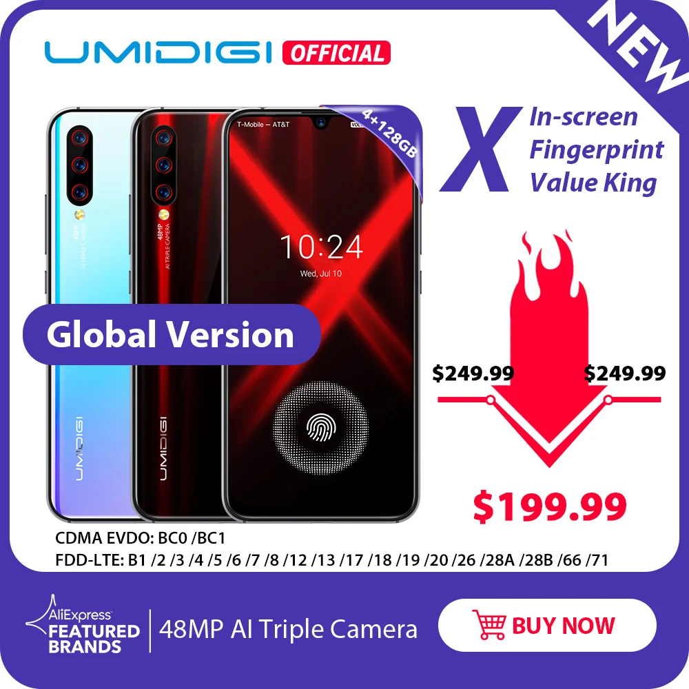 

Global Version UMIDIGI X In-screen Fingerprint 6.35" AMOLED 48MP Triple Rear Camera 128GB NFC Helio P60 4150mAh Cellphone