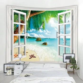 

Beach tapestry coconut tree sea view wall hanging carpet beach hippie tapestry polyester fabric home decoration wall hanging