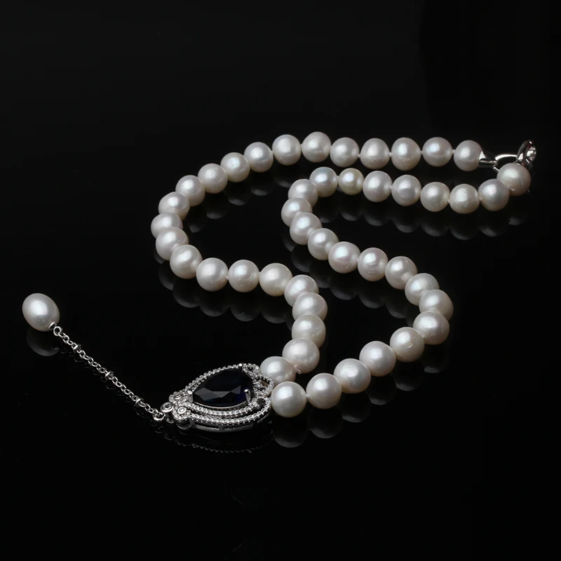 White Real Natural Near Round Pearl Jewelry Women Necklace,925 Sterling Silver Pendant Necklace Anniversary Gift