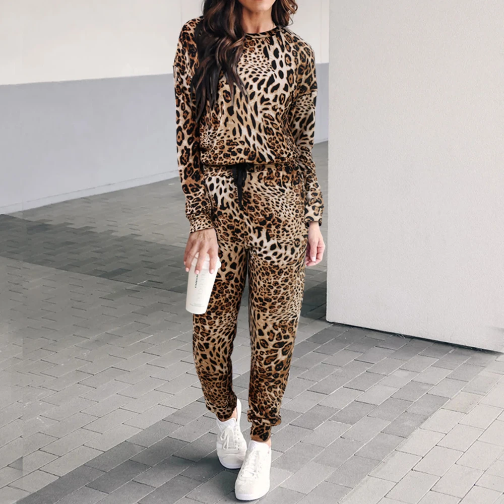 Женский леопардовый принт, спортивный костюм, пуловер, круглый вырез, топы и повседневные штаны-шаровары с принтом животных, Женская осенне-зимняя одежда для отдыха, D25