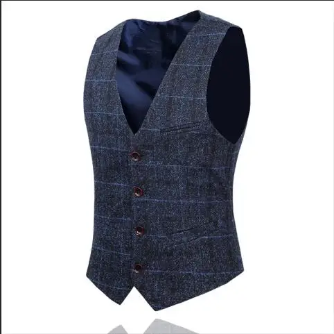 Fashion Black Men Plaid Suit Vest Slim Design Dress Vest Men Asian Size S M L XL XXL XXXL 4XL 5XL Men Leisure Waistcoat - Color: Navy Blue