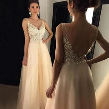 Цвет шампанского V шеи платье для выпускного с аппликациями тюль без рукавов Длина пола Выпускной A-Line спинки Формальные партии Длинные вечерние платья