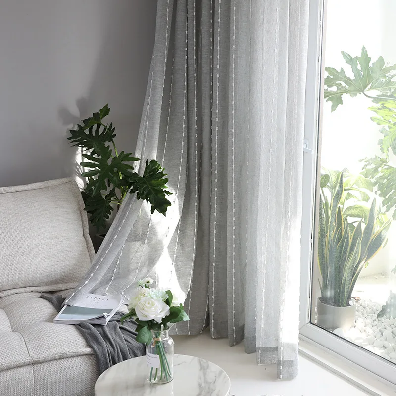 Grey Nordic Linen Screens Curtain Vertical Stripes With Cotton Ball Tulle for Living Room Cortinas Rideaux S230&ampC | Дом и сад