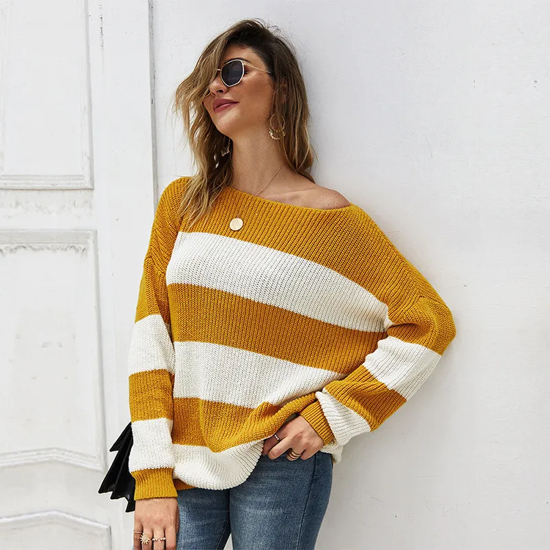 

2020 New Autumn Winter Knitted Tops Women Casual Striped Full Sleeve Slash Neck Sweater Top