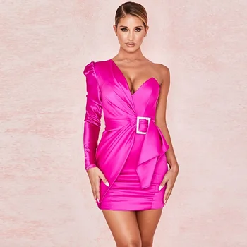 

Rose Red Black Fashion One Shoulder Dress 2019 New Arrivals Sexy Backless Long Sleeve Chic Buckle Satin Party Mini Wrap Dresses
