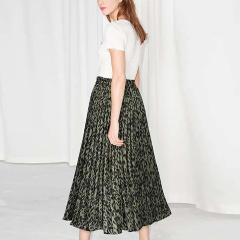 Women Elastic Waist Skirt A-line Loose Leopard Print Casual Pleated Vintage Evening Party Cocktail Midi Skirts