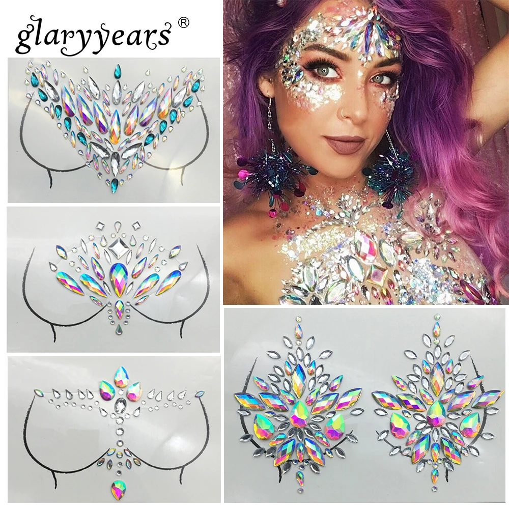 

glaryyears 1 Sheet Chest Jewelry Adhesive Crystal Sticker Gems Makeup Hot Designs For Female Sexy Body Art High Quality Product
