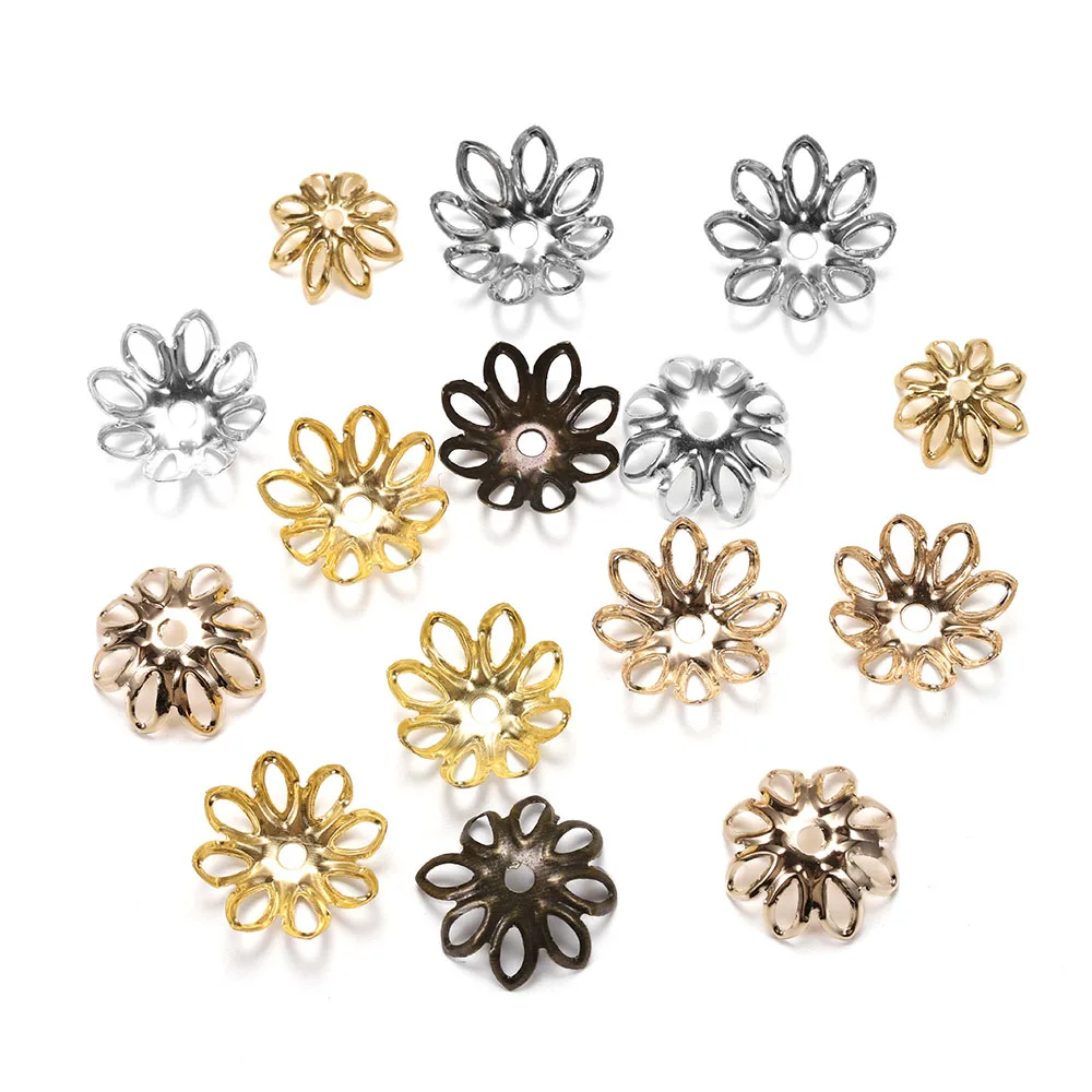 

100pcs/lot Silver Gold Bronze Plated Filigree Metal Hollow Flower Spacer Beads End Caps For Jewelry Making Charms Necklace