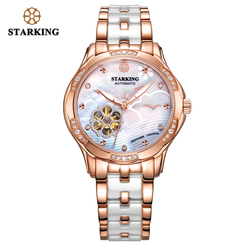 rose gold watch STARKING для женщин автоматические часы розовое золото стальной чехол Vogue платье часы Скелет прозрачные часы для женщин механические наручные часы - Цвет: rose gold watch