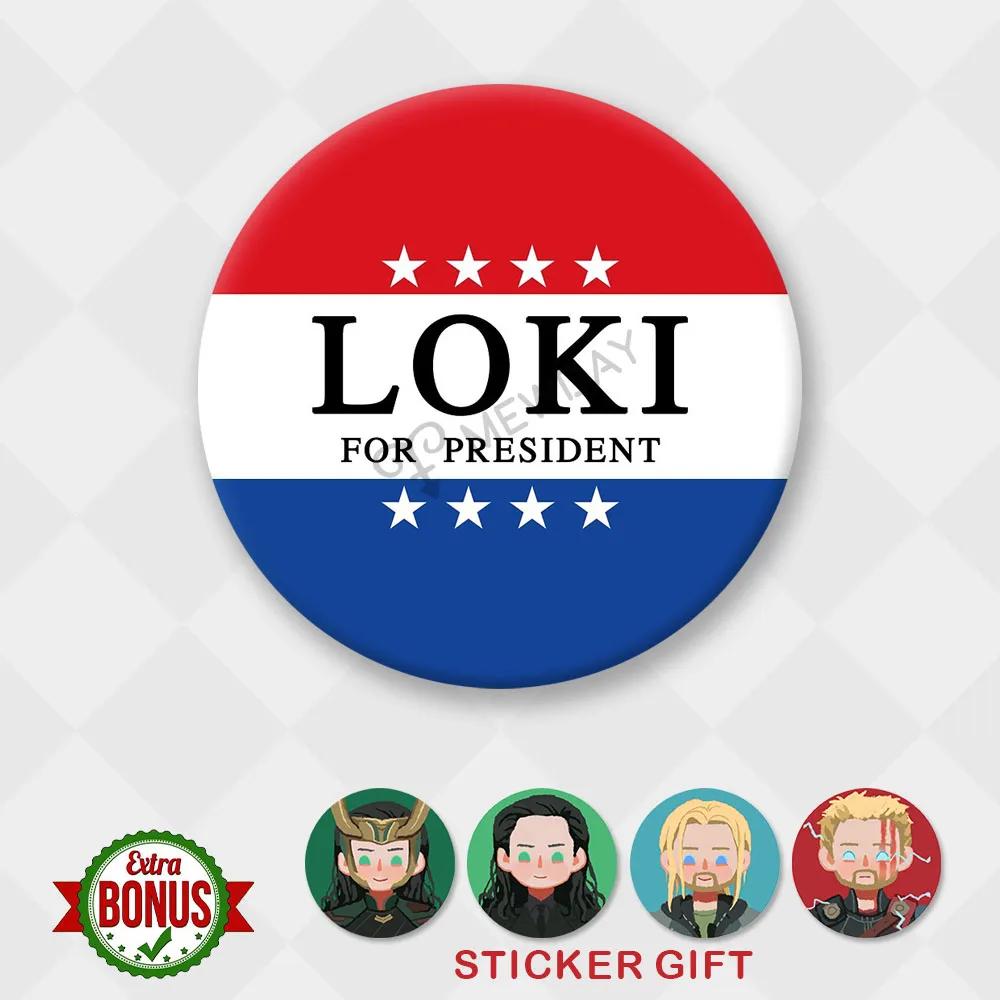 sexy anime cosplay Loki For President Badge Superhero Movie Cosplay Mental Brooch Shining 58MM Pins Clothing Backpack Props Accessories Decoration morticia addams dress