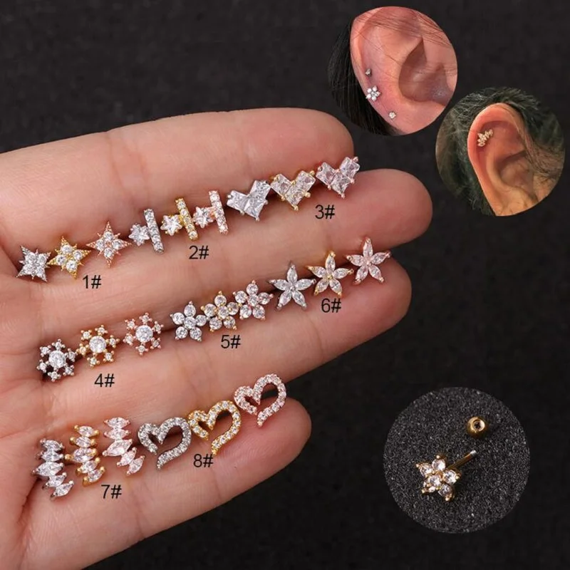 

1Pc Rose Gold Silver Color heart Moon Star Flower CZ Tragus Cartilage Stainless Steel Ear Stud Piercing Crystal Daith Earring