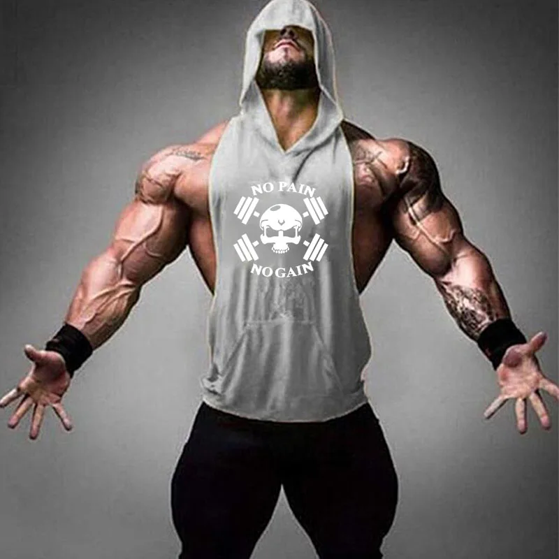 Skull Printing Bodybuilding Hooded Tank Tops men Gyms Stringer Shirt Fitness Tank Top Men Gyms Clothing Cotton Vest Shipping