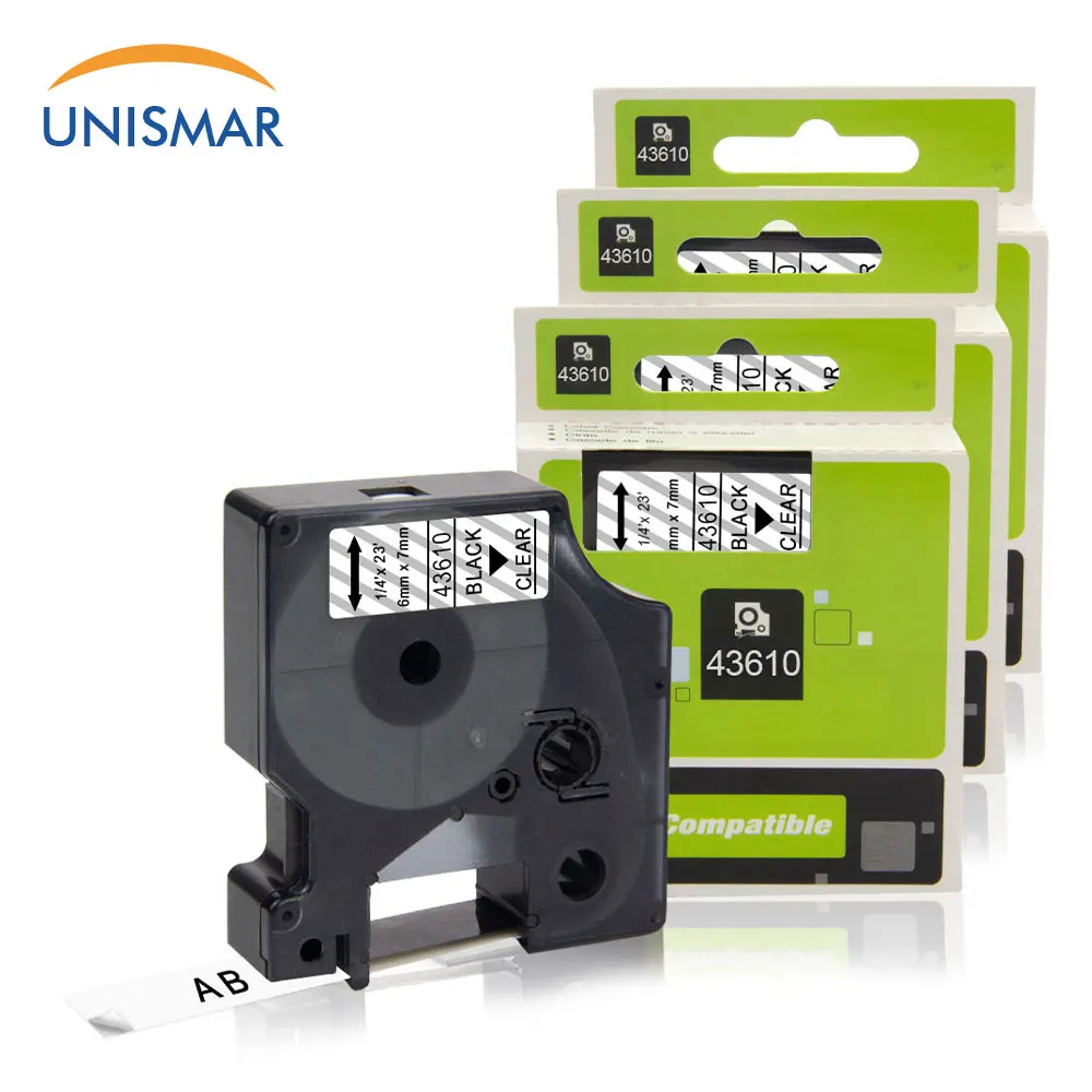 Unismar 3PK Dymo D43610 черная на прозрачном принтере этикетка кассета для Dymo LabelManager 160 280 210D PNP 420P 260P 360D 500TS пишущая машинка