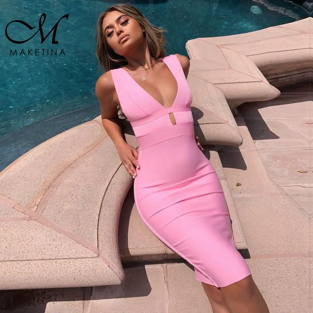 

Maketina Summer 2019 Women Cut Out Bandage Dress Sexy Deep V Neck Neon Pink bandage dresses Mini Backless Bandage Dress