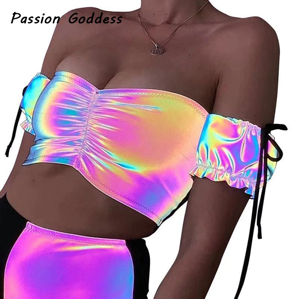

Sexy Women Reflective Bling T Shirts Summer Cute Slim Short Shirts Femme Off The Shoulder Ruffles Short Sleeve Dance Tee Shirts
