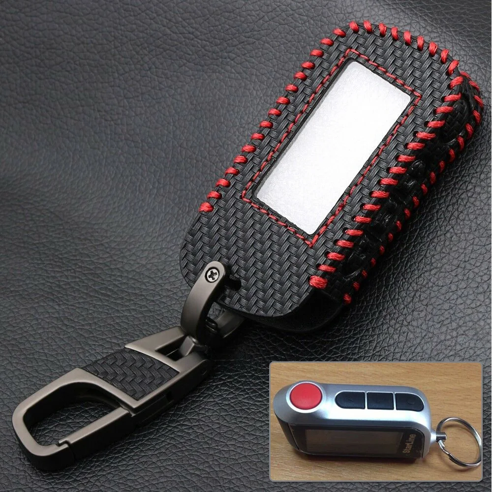 

Carbon Fiber Style Leather Car Smart Remote Key Cover Case Black + Red For Starline A93 A63 car Key Cover Case