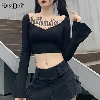 

InsDoit Gothic Vintage Sexy V Neck Black Tops Harajuku Punk Bodycon Blouse Women Autumn Long Sleeve Streetwear Basic Tops