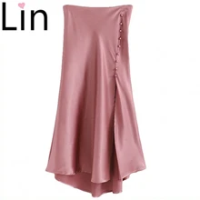 Винтажная атласная розовая Женская юбка, как шелковые миди юбки, сексуальная тонкая женская юбка, повседневная юбка на пуговицах, Прямая