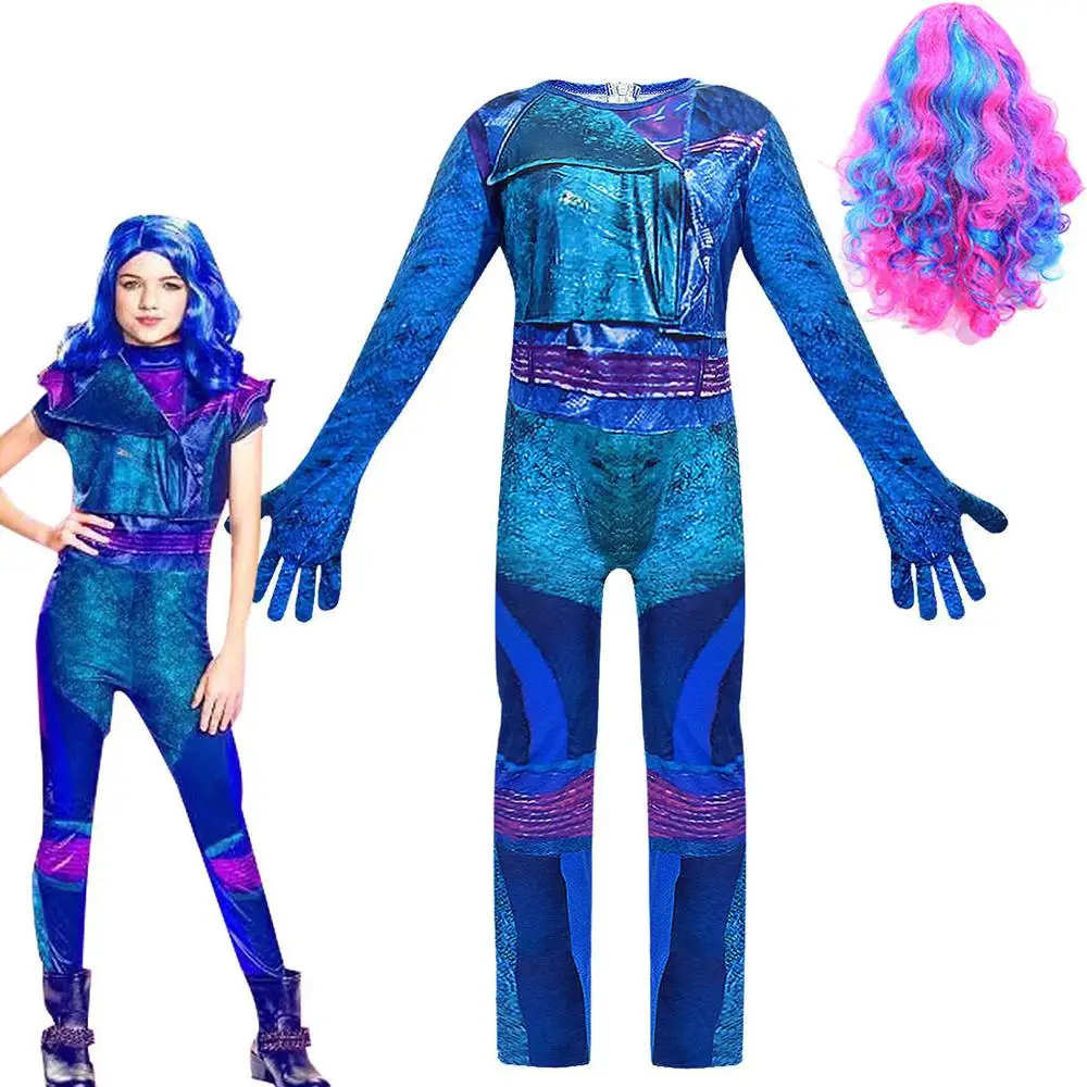 New Women Descendants 3 Evie Dark Blue Wavy Wig kids Adult Cosplay Costume+ Jumpsuits halloween costume for Children girls - Цвет: Package L