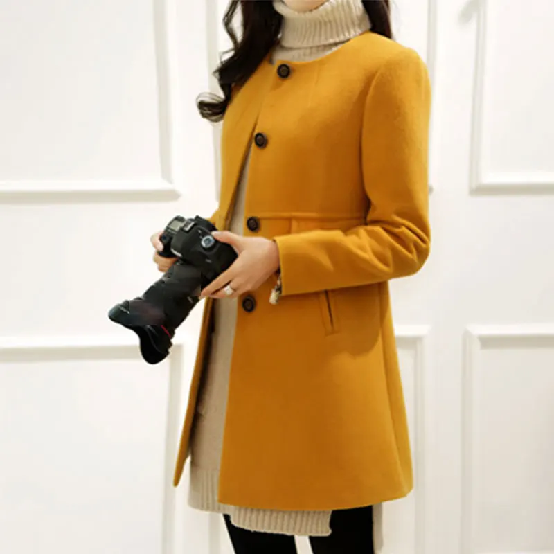 Новинка весна осень плюс размер шерстяное пальто женское свободное A-aline с длинным рукавом o-образным вырезом средней длины черное желтое корейское пальто Casacos