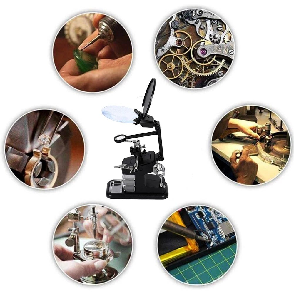 Soldering Iron Welding Magnifying Glass 2 LED 3X 4.5X 25X Helping Hand Rework Magnifier with 3 Tools Boxes Desk Station Repair
