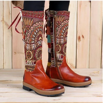 

Manual New Genuine Leather Boots Women Bohemia Keep Warm Long Boots Knee High Zipper Bootie Flat Heel Folkways Splicing Boots