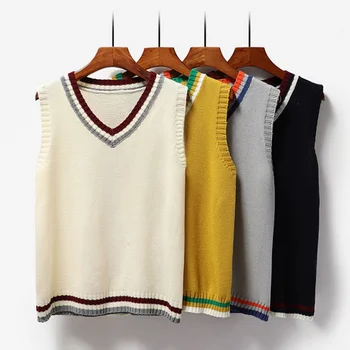 

Spring autumn 2019 new women's College style V-neck stripe knitted shirt women's versatile sleeveless sweater vest