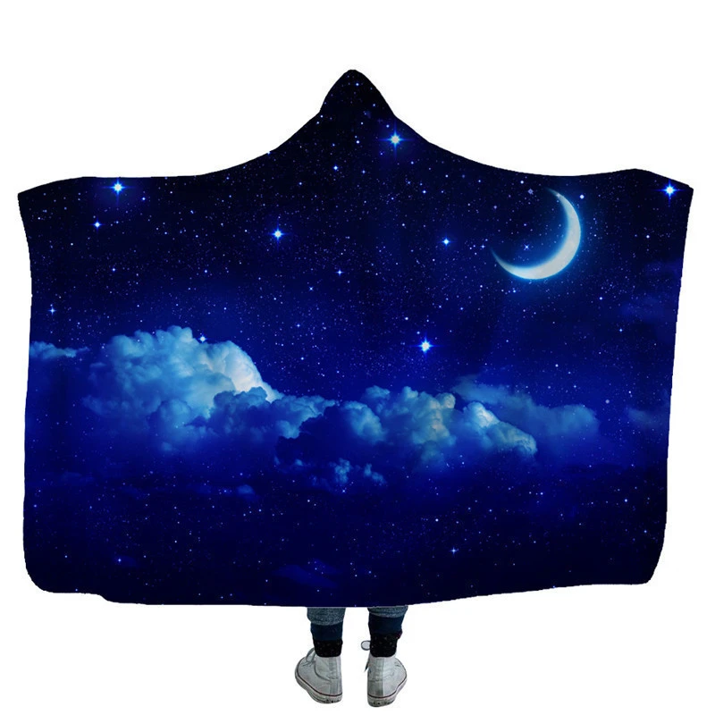 Одеяло с капюшоном с принтом звездного неба для путешествий на открытом воздухе, кемпинга, самолета, холодное одеяло для дивана-кровати плащ-одеяло