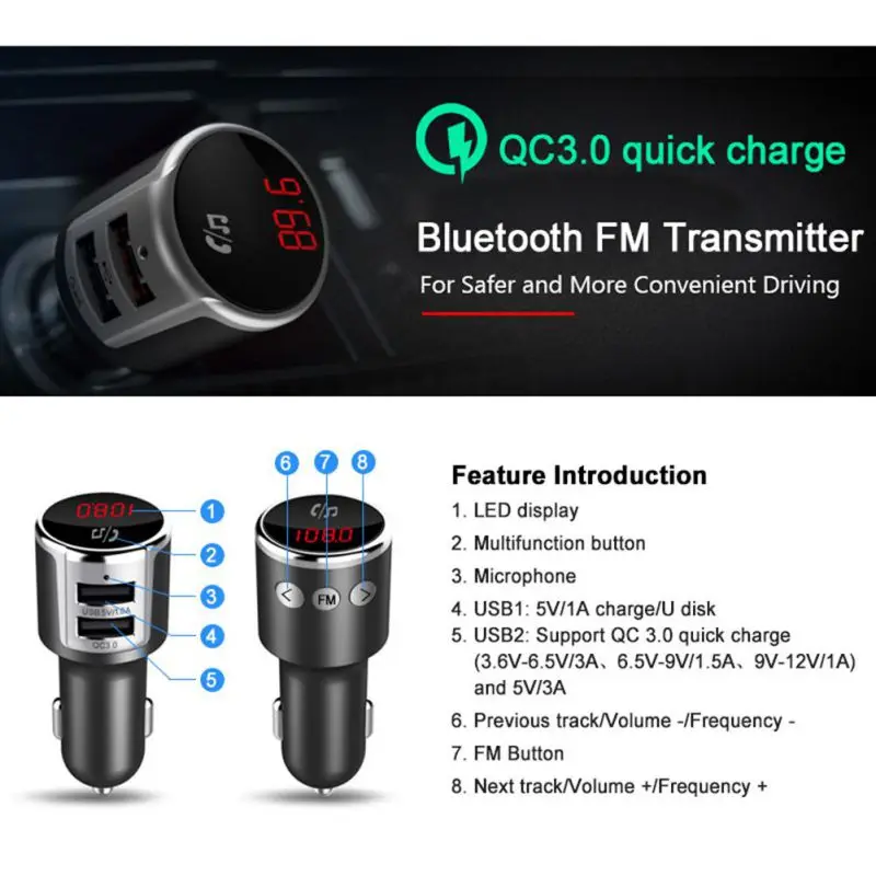 QC3.0 двойной USB зарядка автомобильный Bluetooth fm-передатчик беспроводной радио адаптер музыкальный MP3 плеер Автомобильный комплект Hands Free Звонки
