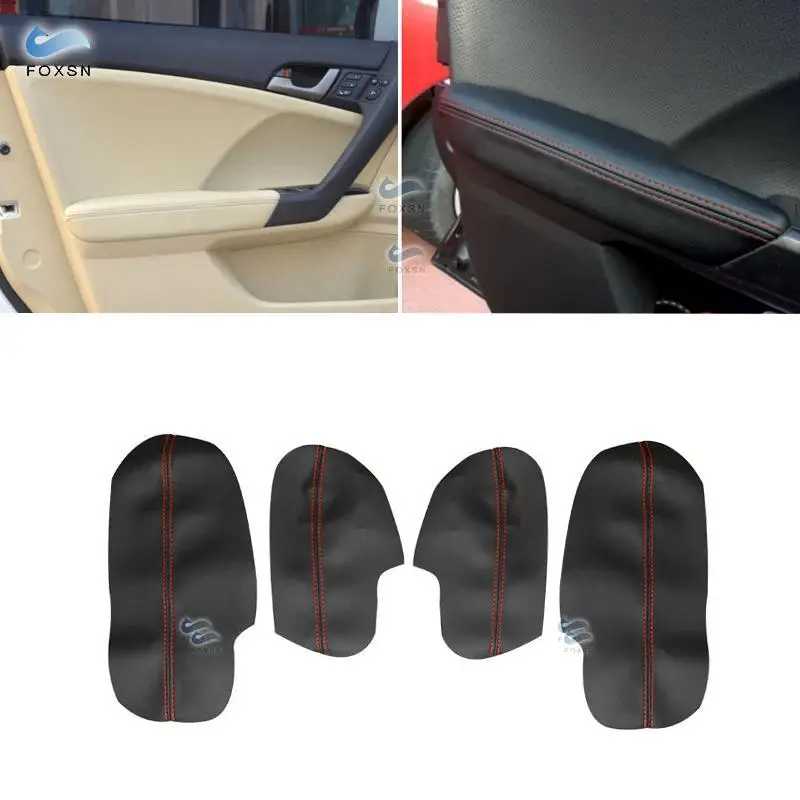

For Honda Accord 2008 2009 2010 2011 2012 4pcs Black with red line Microfiber Leather Car Interior Door Armrest Panel Cover Trim