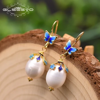 

GLSEEVO Natural Fresh Water White Pearl Cloisonne Butterfly High Quality Drop Earrings For Women Classic Handmade Jewelry GE0982