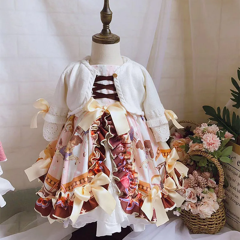 

Girls Dresses Children Birthday Dress Set Pink Lace Spanish Style Frocks Infant Baptism Party Gown