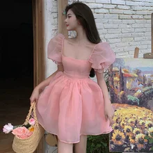 

Lantern Short Sleeve Solid Pink Mini Dress Ladies Elegant A Line Summer Sweet puff sleeve waist mesh square collarDresses 2021