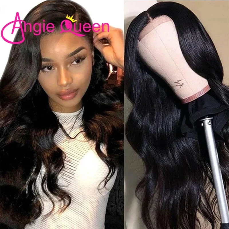 ANGIE QUEEN Body Wave Lace Frontal Human Hair Wigs 4x4 Pre Plucked Brazilian Remy Hair Wig 150 Density Natural Color 18-26 Inch