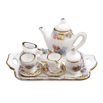 

1:12 Dollhouse Miniature Porcelain Pink and Gold Tea Set Decorative Accessories