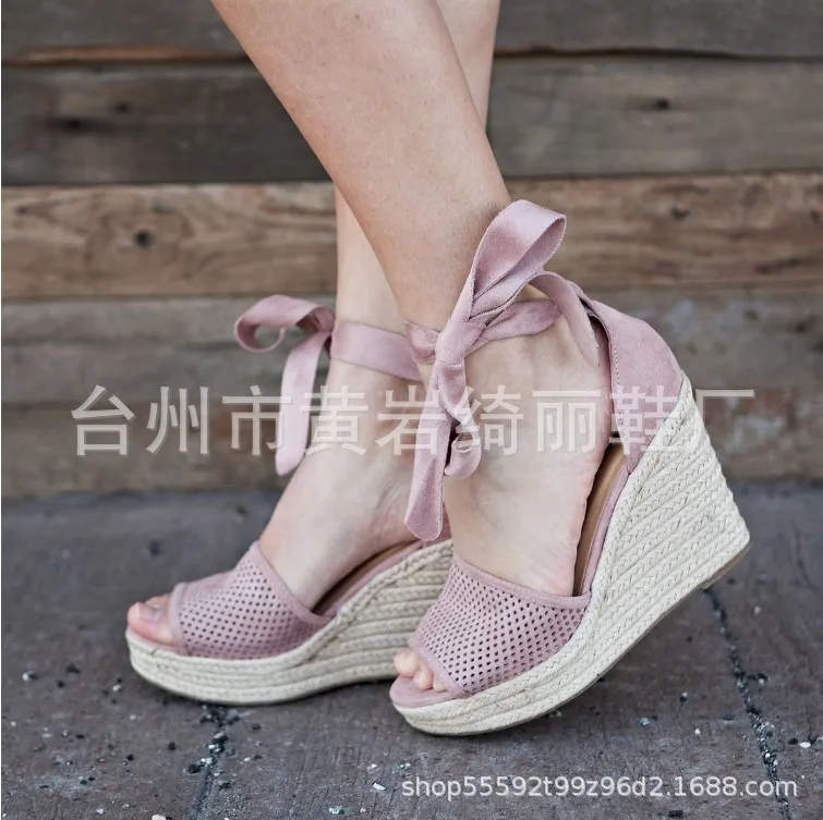 

Riband Wedges High Rome Gladiator Women Sandals Ankle Strap Cover Heel Solid Boho Shoes Lace-Up Peep Toe Plus Size Sandals