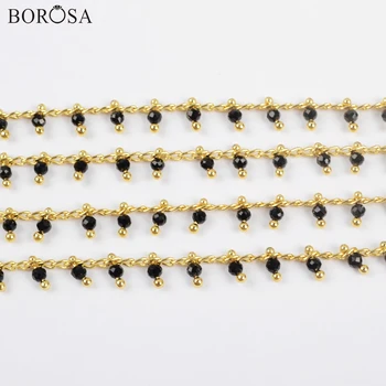 

BOROSA 3Meters Gold Color 2mm Black Agates Beads Faceted Brass Chains Gems Quartz Beads Chain Jewelry Finding JT264