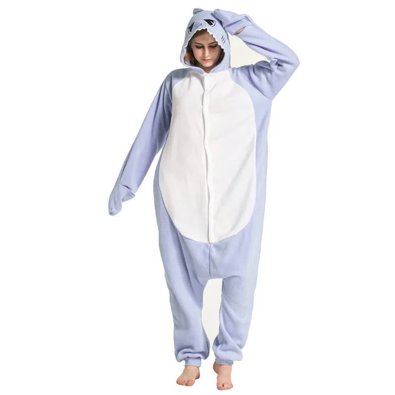Акула Кигуруми костюмы-комбинезоны для мужчин и wo мужчин с капюшоном животных мультфильм пижамы синий Акула домашние Влюбленные с длинными рукавами костюмы для косплея - Цвет: Белый