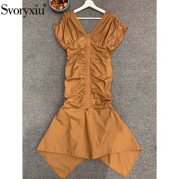 

Svoryxiu New Spring Summer Designer Sexy V Collar Cotton Dress Women's Short Sleeve Ruched Bodycon Party Mermaid Midi Dresses