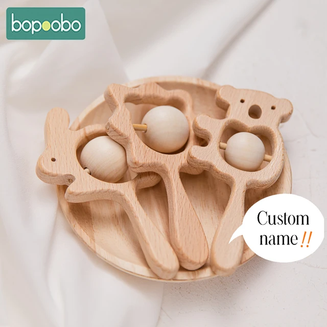Bopoobo Baby Toys 1PC Wooden Rattle Animal Series Hand Bell Custom Logo Wooden Teether Children Recognize Animal Toys Child Gift 1
